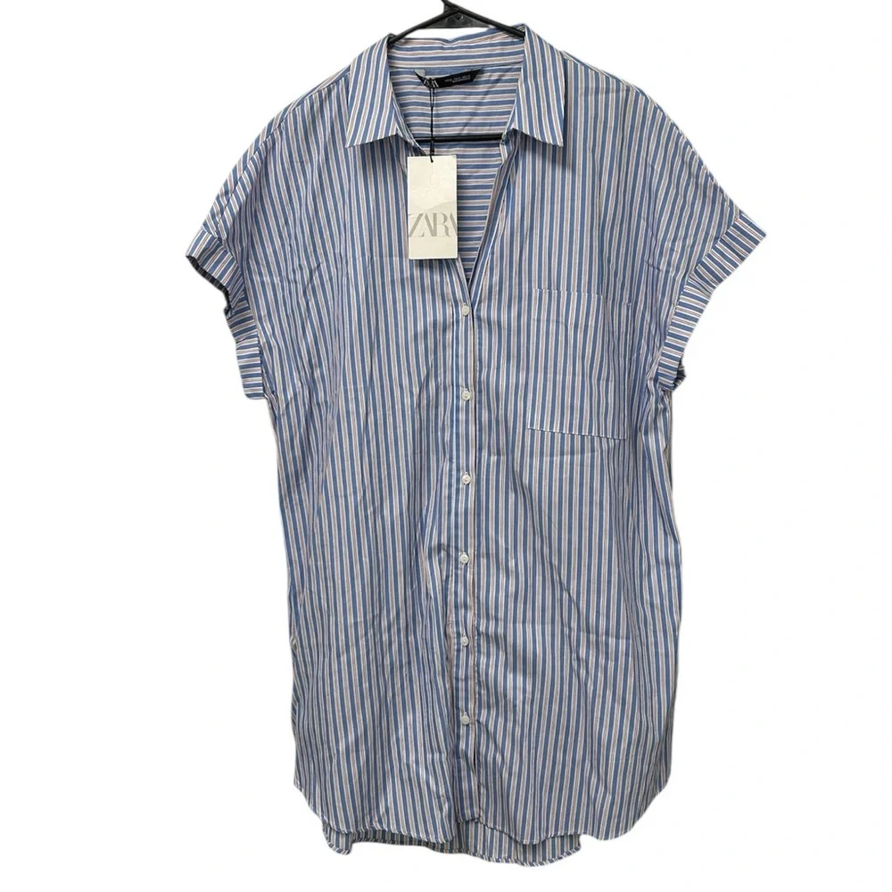 NWT Zara Blue & White Striped Cotton Shirt Dress, Cap Sleeves – Size XL
